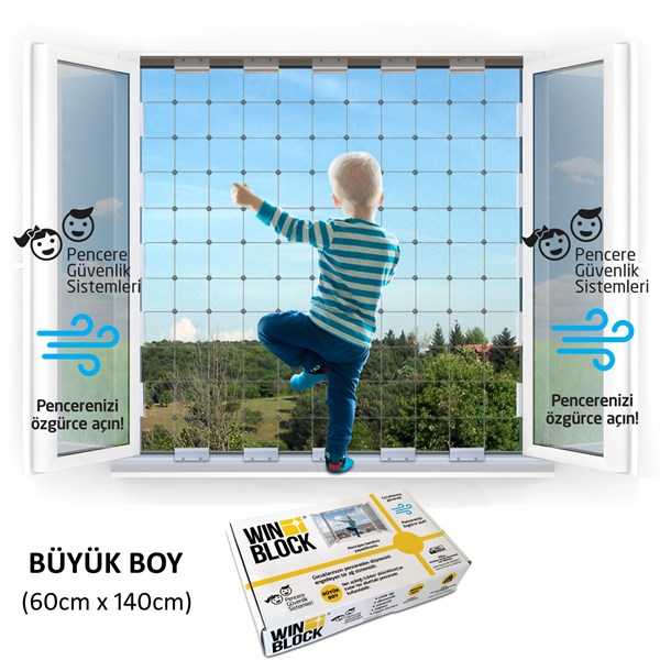 BÜYÜK BOY - WINBLOCK Çocuklar için Pencere Çelik Güvenlik Ağı – Yeni Nesil Pencere Korkuluk Sistemi